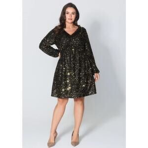 Shein Curve Faux Wrap Dress 5X Black Gold Stars Dressy Cocktail New Years